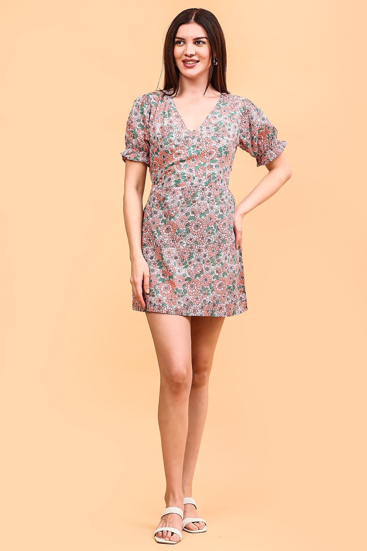 Peach floral wrap dress