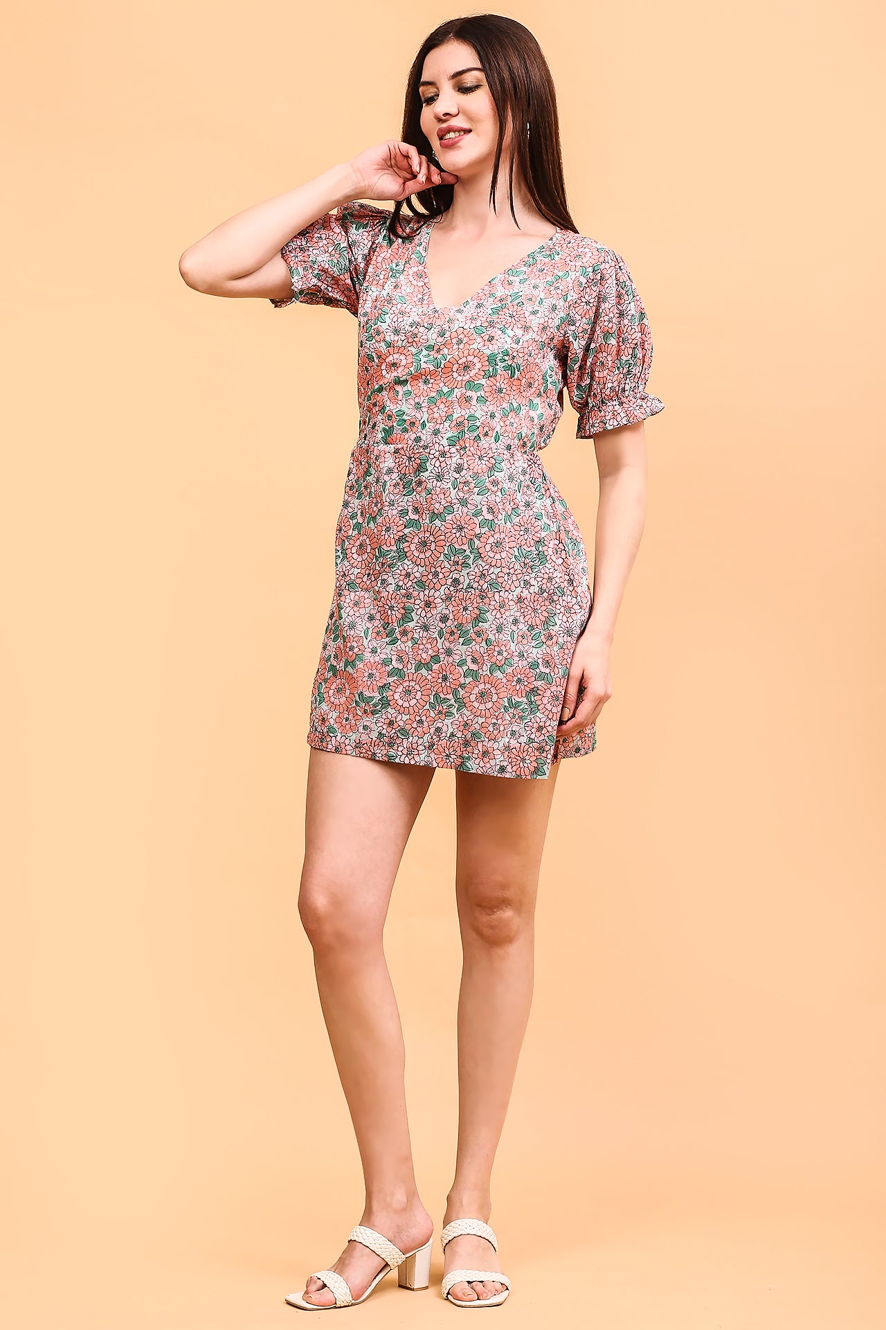 Peach floral wrap dress