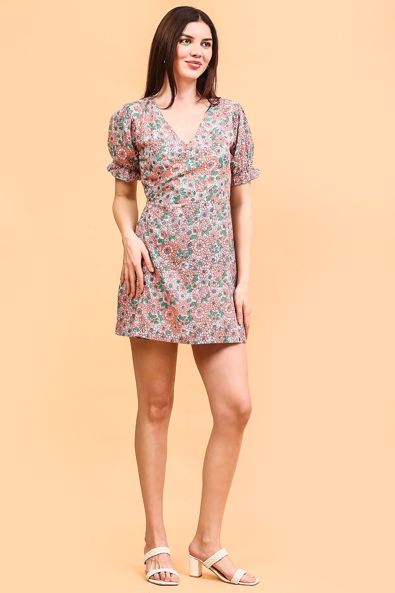 Peach floral wrap dress