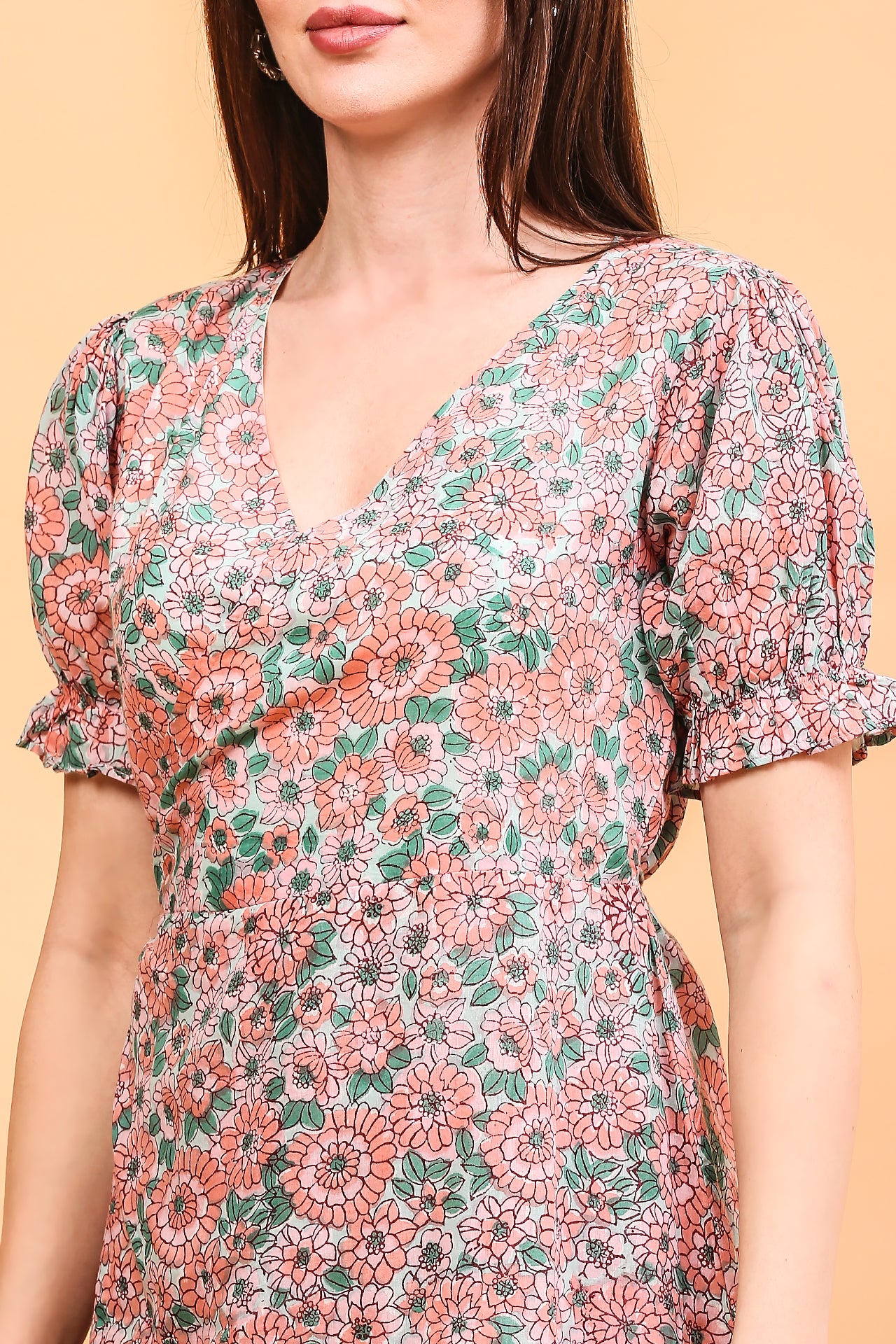 Peach floral wrap dress