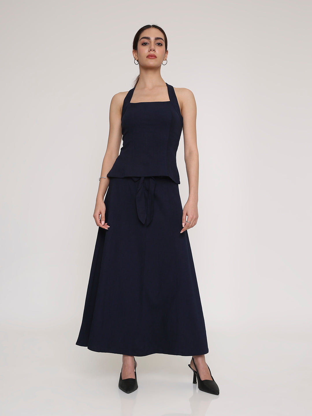 Square-Neck Top & Bow-Waist Skirt Set