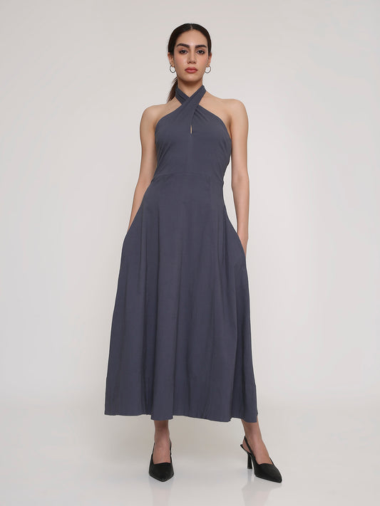 Halter Neck Flared Midi Dress
