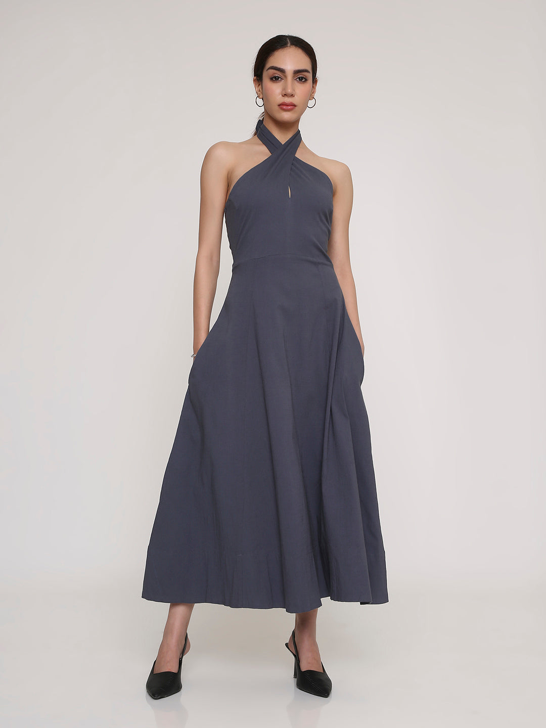 Halter Neck Flared Midi Dress