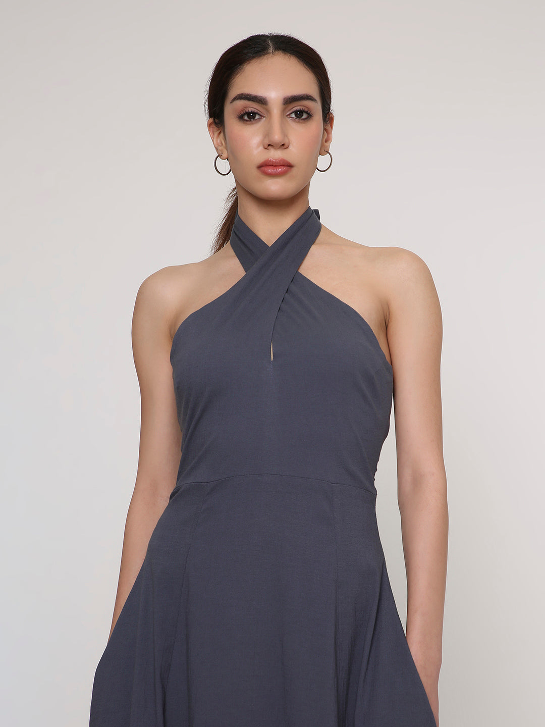 Halter Neck Flared Midi Dress