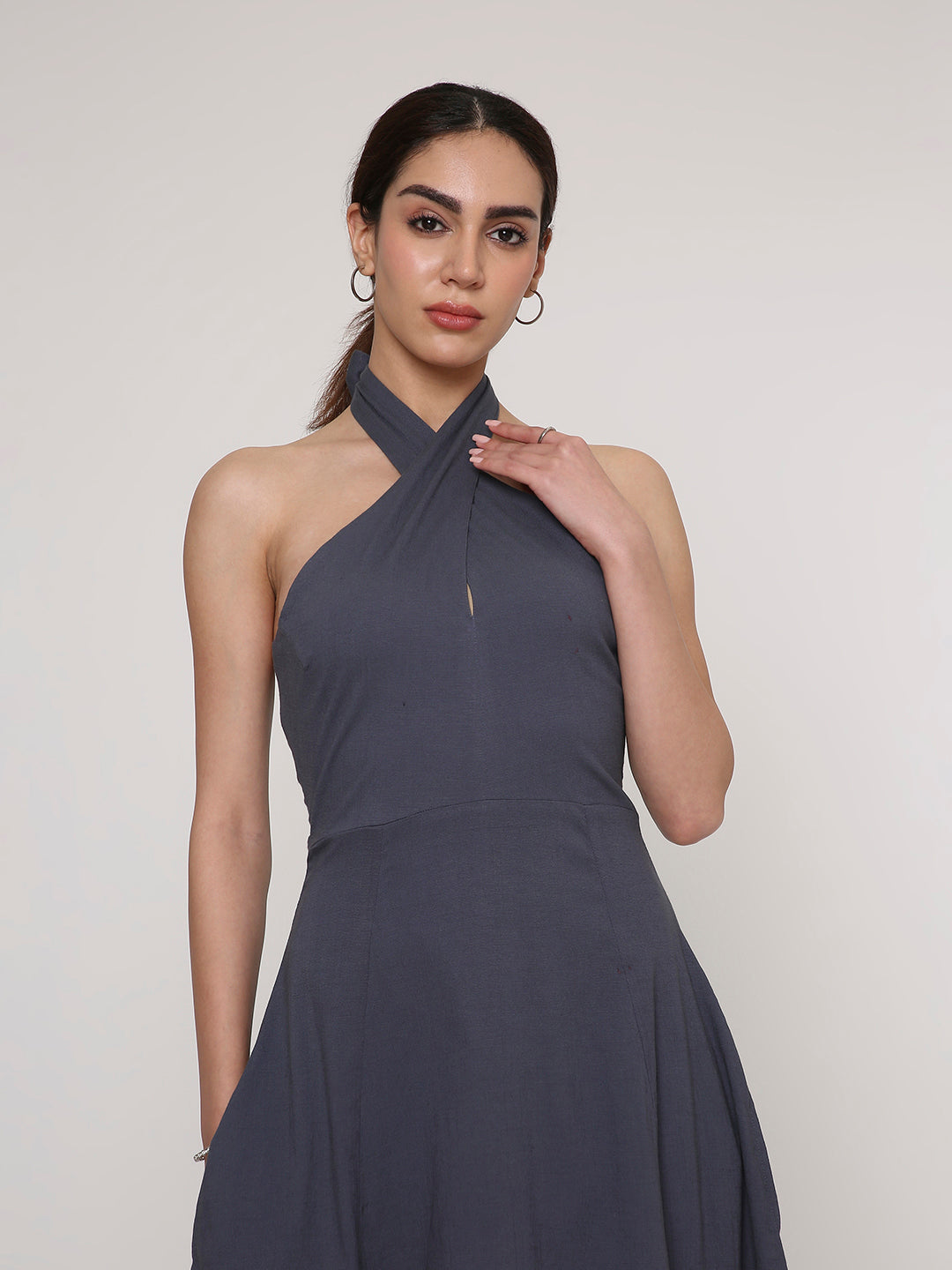Halter Neck Flared Midi Dress