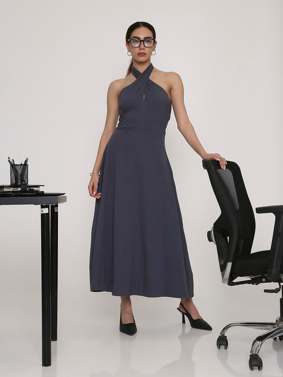 Halter Neck Flared Midi Dress