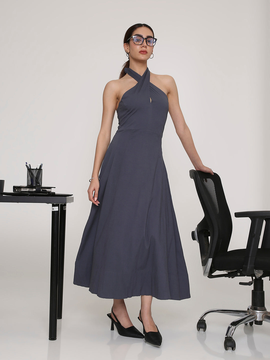 Halter Neck Flared Midi Dress
