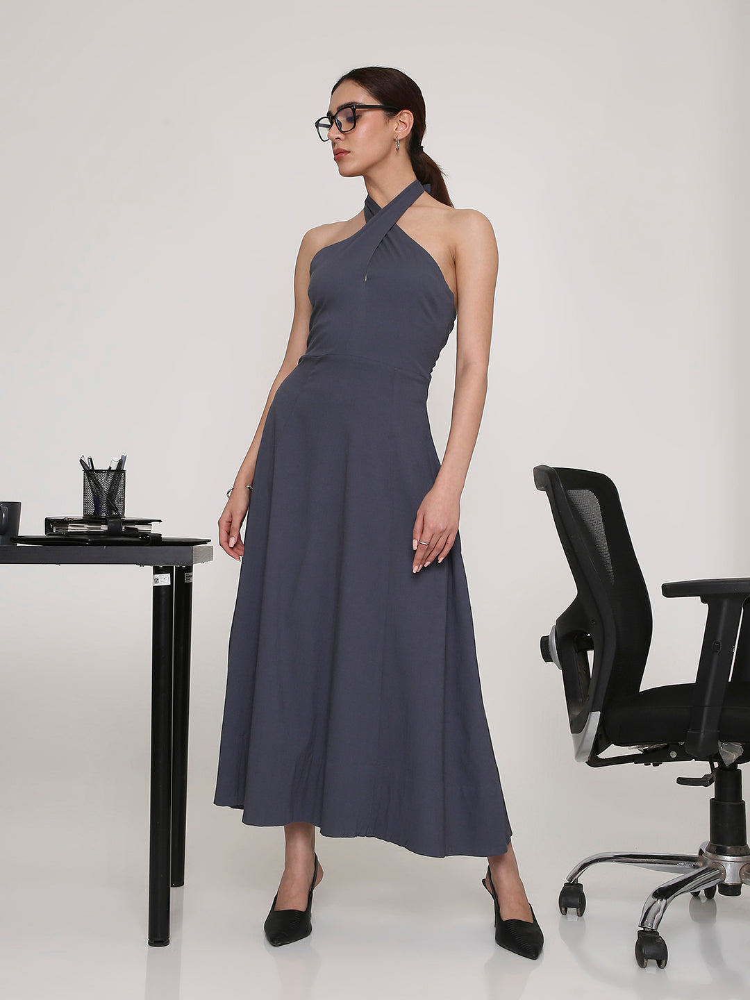 Halter Neck Flared Midi Dress
