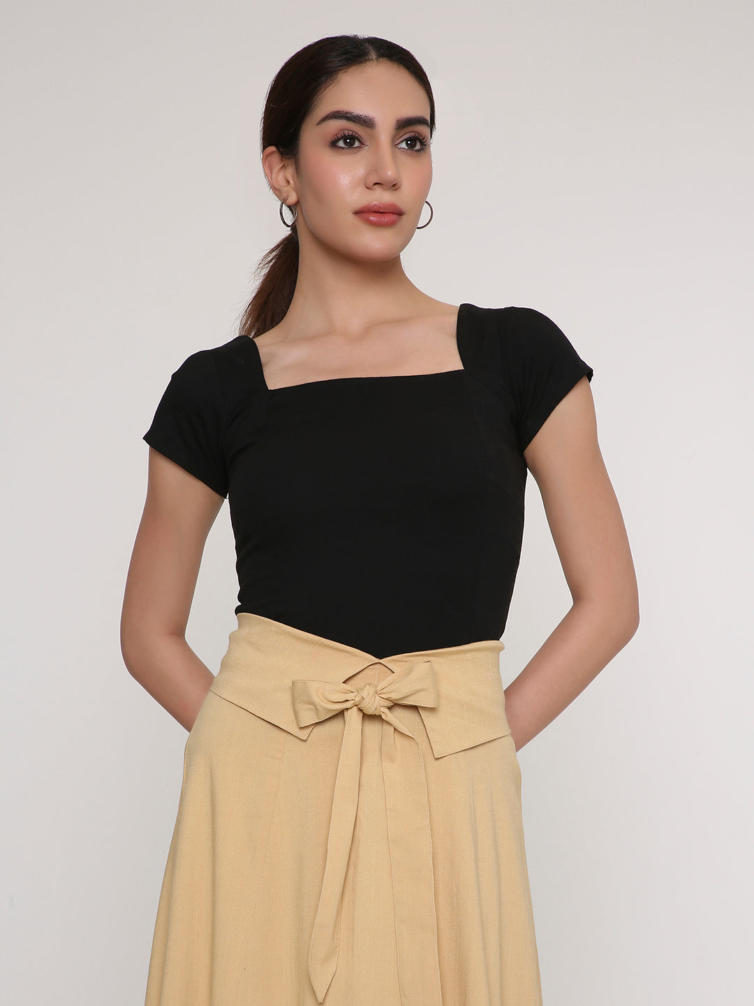 Black top with A-line skirt